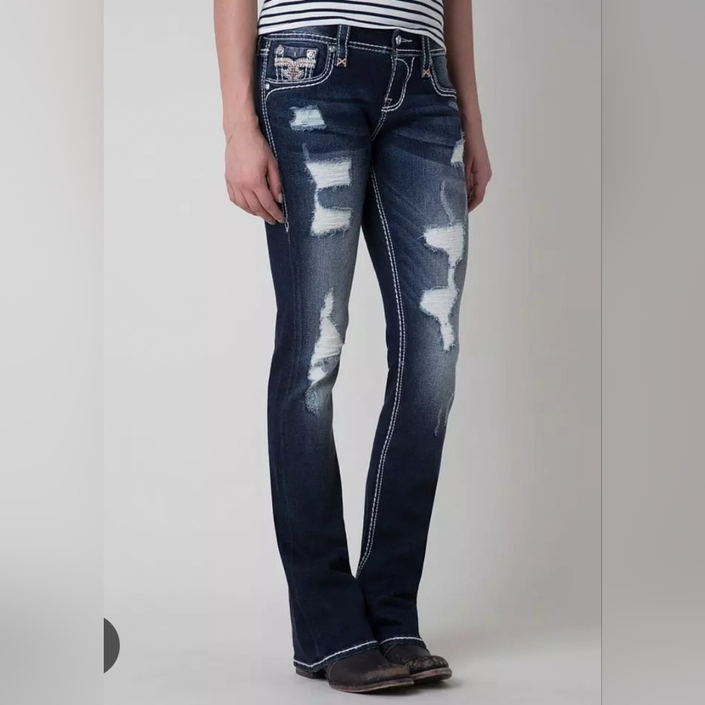 Rock Revival Mid Rise Bootcut Betty‎ Women Sz 26 Darkwash Destruction 34" Inseam
